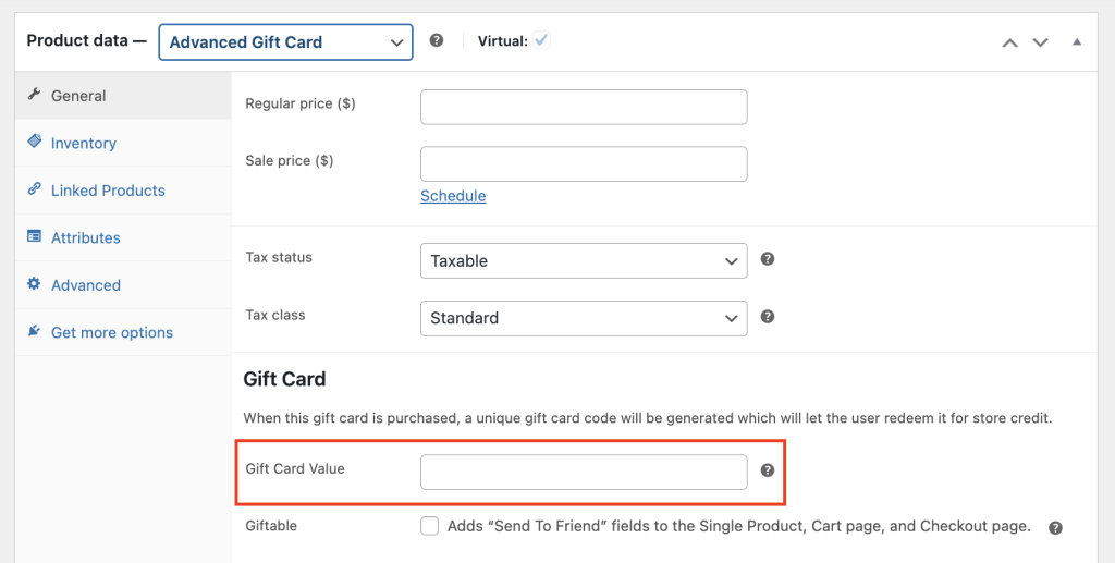 Setting up the gift card value 